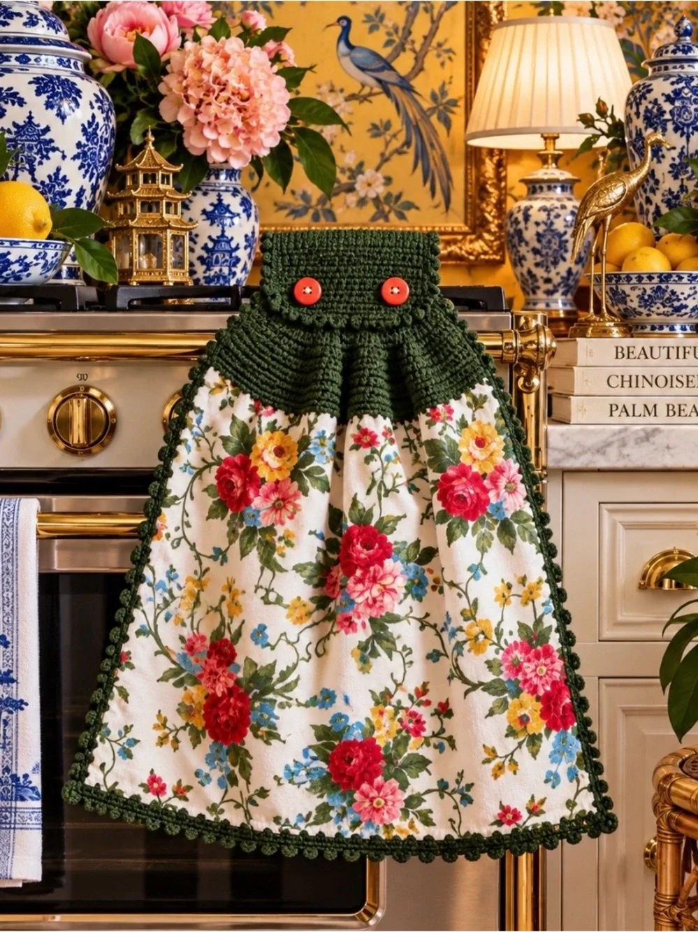 Pioneer Woman Floral Crochet Hanging Kitchen Towel Moss Green Handmade